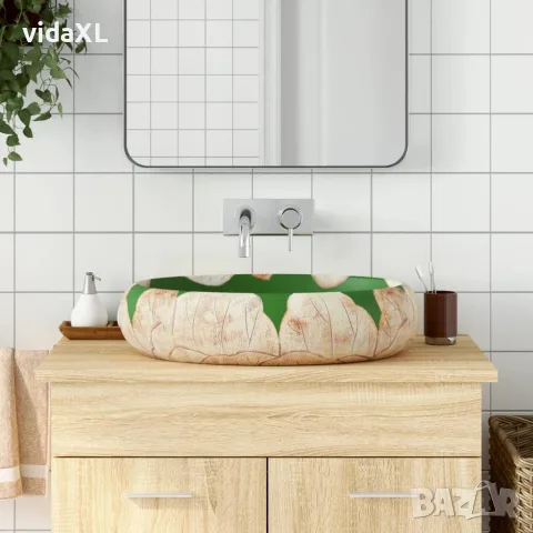 vidaXL Мивка за плот, зелено и кафяво, овална, 59x40x15 см, керамика, снимка 2 - Мивки - 56146197