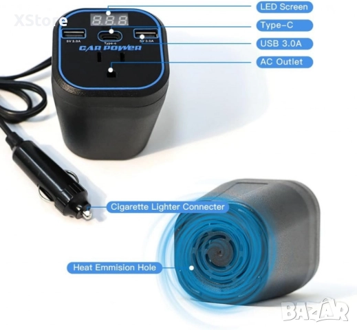 Инвертор преобразувател за захранване,адаптер за зарядно за кола с 3.0A двоен USB и Type-C, снимка 5 - Аксесоари и консумативи - 52458338