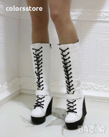 Ботуши на платформа - бяла кожа с черно ходило и черни връзки - 1905, снимка 2 - Дамски ботуши - 44278424
