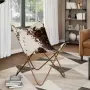 vidaXL Стол тип пеперуда, кафяво и бяло, естествена телешка кожа, снимка 2
