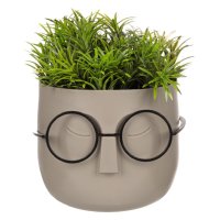 Саксия лице с очила и изкуствено растение, 11x11x14 см, снимка 1 - Изкуствени цветя - 41526073