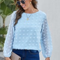 Дамска блуза в синьо с дълъг ръкав и принт на точки, снимка 2 - Блузи с дълъг ръкав и пуловери - 40828435