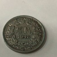 Сребърна монета Швейцария ½ франк, 1948, снимка 2 - Нумизматика и бонистика - 38930311