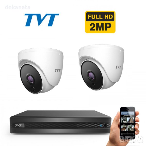 TVT FULL-HD Комплект с 2 TVT 1080p IR камери за вътрешен монтаж и хибриден DVR TVT, снимка 1