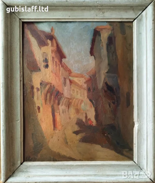 Картина, пейзаж, стари къщи, 1950-те год., снимка 1