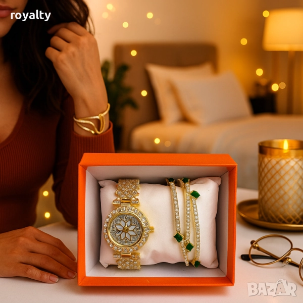 Дамски комплект часовник и гривни с кристали – луксозен подарък в готова кутия, снимка 1