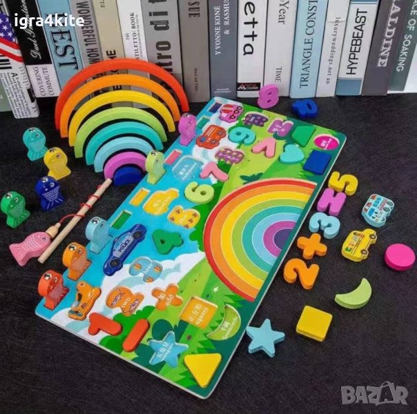 НОВО Дървена интерактивна 5 в 1 игра с магнити, дъга, числа, знаци и фигури , снимка 1