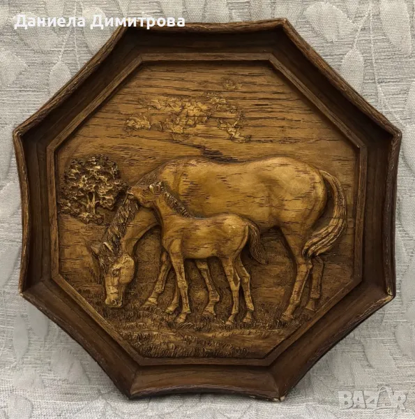 Ретро стенна чиния, дърворезба, снимка 1