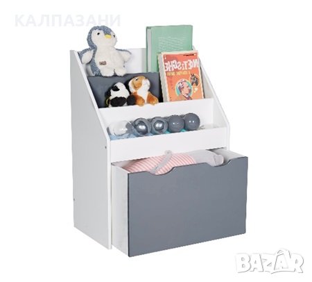 Детски Дървен Органайзер с Етажерка за Книжки и Ракла на Колелца за Съхранение на Играчки, Библиотек, снимка 1