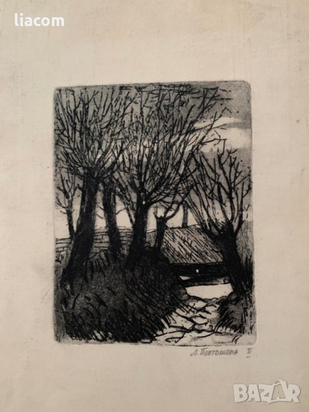 ЛЮДМИЛА ПОПТОШЕВА ранна работа офорт пейзаж, снимка 1