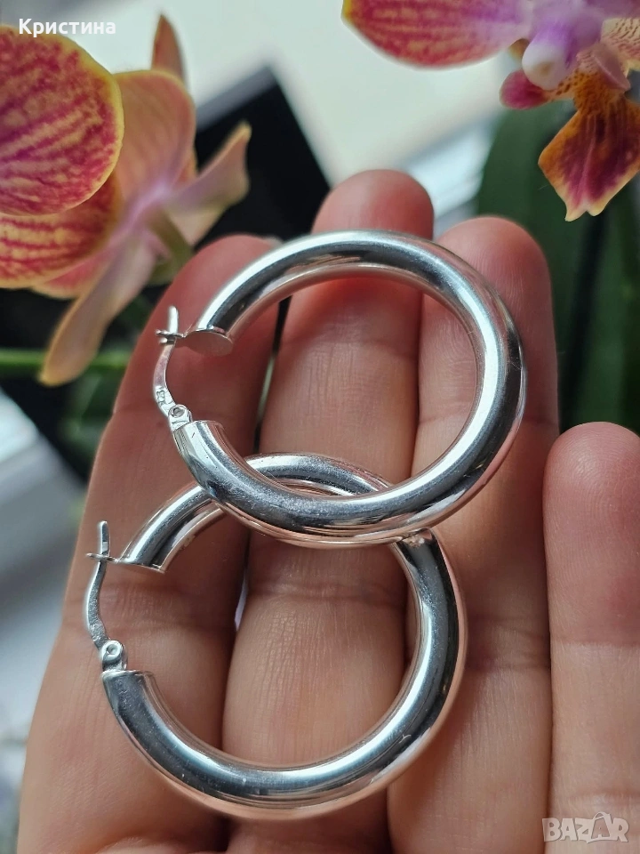 Нови сребърни обеци халки, снимка 1