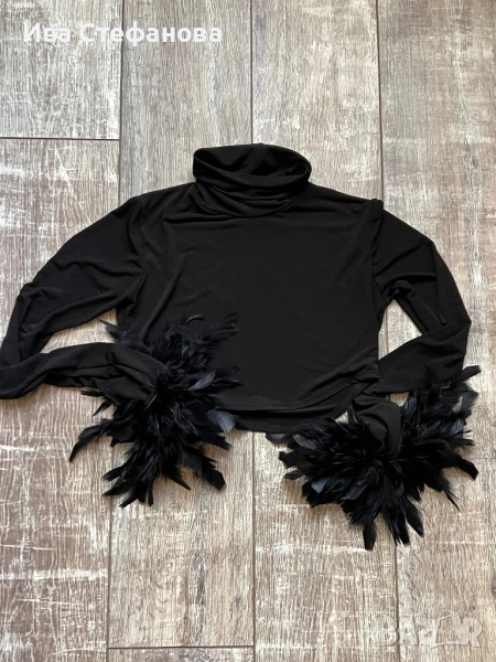 Черно еластично парти коктейлно официално поло топ естествени пера универсален размер , снимка 1