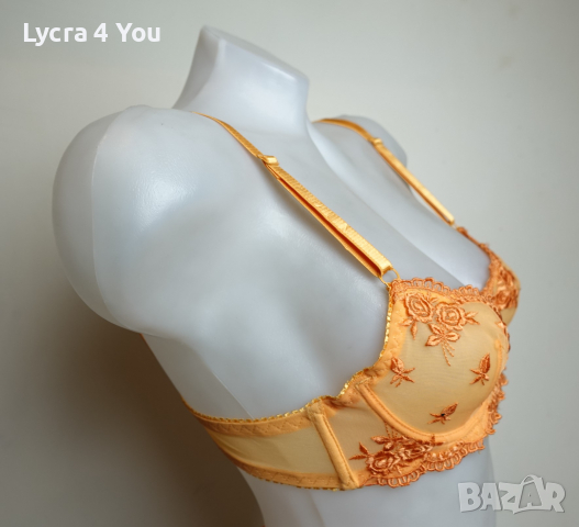 Оранжев тюлен сутиен с прозрачни чашки и бродерии 75А/В размер, снимка 3 - Бельо - 36314092