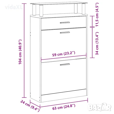 vidaXL Шкаф за обувки с чекмедже и горен стъклен плот, дърво, бял, снимка 9 - Шкафове - 56146355