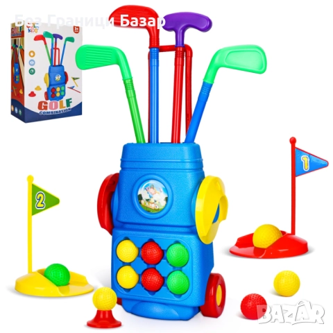 Нов Детски голф комплект – количка, 4 стика, 6 топчета, дупки Идеален подарък