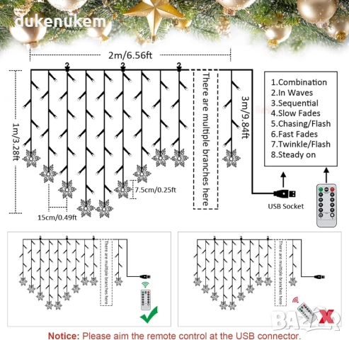 LED светлинна завеса със снежинки – 2 х 1 м, 104 лампички, 8 режима, USB, IP44, снимка 6 - Лед осветление - 51919248