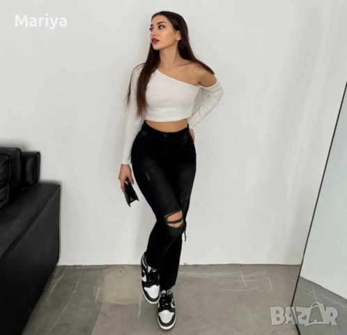 Черни скъсани дънки С размер с висока талия, снимка 3 - Дънки - 52086395