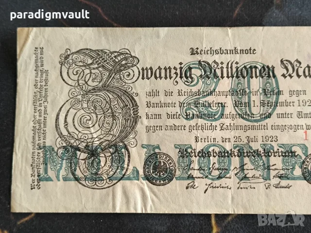 Райх банкнота - Германия - 20 000 000 марки | 1923г., снимка 2 - Нумизматика и бонистика - 55837384