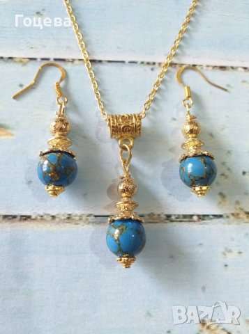 Уникални обеци с редкият камък син Азурит и орнаменти цвят злато, снимка 12 - Обеци - 40714402