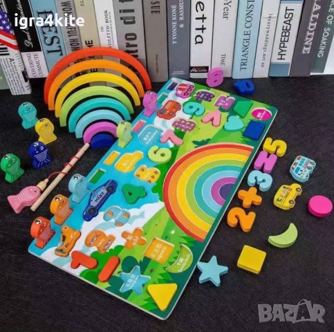 НОВО Дървена интерактивна 5 в 1 игра с магнити, дъга, числа, знаци и фигури 