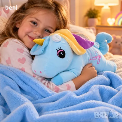 🦄💙 **Сладък плюшен еднорог с меко одеяло – идеален подарък!** 🎁 Нежен и пухкав еднорог в светлоси