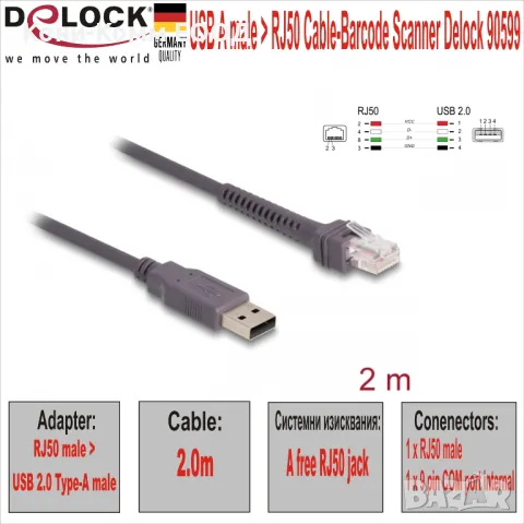 USB A male - RJ50 2.0м Кабел за Баркод Скенер 17.00лв 