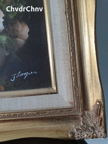 36х31см/малка картина масло върху платно/натюрморт ваза с цветя/барокова дървена рамка, снимка 4 - Картини - 50823426