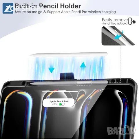 Калъф Zinibri за iPad Pro 13 инча 2024 M4 A2925 A2926 с държач за молив, джоб и каишка за ръка,черен, снимка 2 - Таблети - 49693481