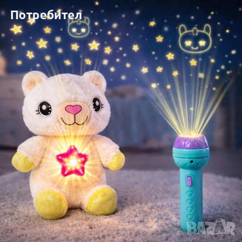 Плюшена играчка с нощна лампа 2в1 + детски фенер-проектор със светлинни картинки – комплект за уют и, снимка 7 - Плюшени играчки - 53711457