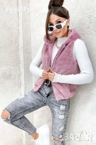 Дамски розов пухкав елек