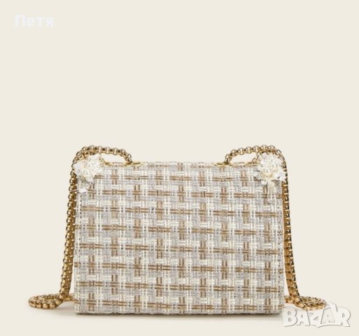 Дамска чанта букле в бяло и златно с декорация перли и дълга дръжка, снимка 6 - Чанти - 42339391