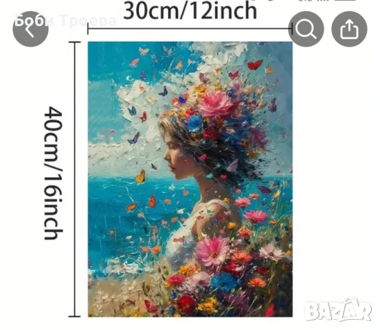 Мечтателна пеперуда и момиче с цветя, Живописен флорален стенен декор със спокойна морска гледка, снимка 4 - Картини - 50715926