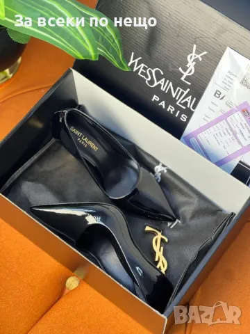 Yves Saint Laurent Дамски Черни Лачени Обувки С Метален Златист Ток Код E234, снимка 2 - Дамски обувки на ток - 50412103