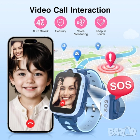 Детски 4G смарт часовник с GPS проследяване, обаждания, SOS бутон, снимка 4 - Смарт гривни - 52242139