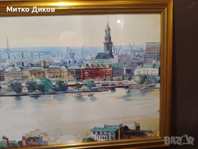 Hamburger Michel Landingsbrucken Binnenalsyer акварел подписан 90г панорама 132х58см Злат. рамка ст., снимка 9 - Картини - 55846251
