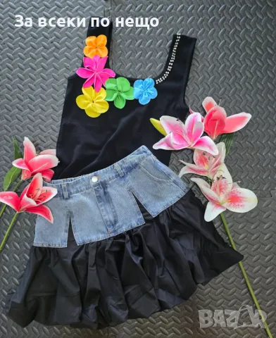 Дамски Комплект Черен Потник С 3D Цветни Цветя И Къса Пола С Деним Акцент Код VL-77, снимка 2 - Комплекти - 50424023