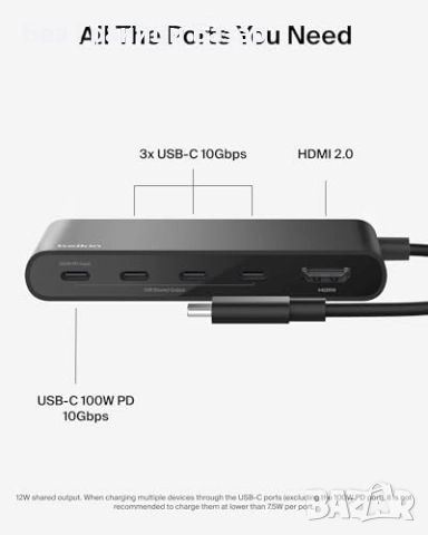 Нов USB-C адаптер Belkin с HDMI 4K 60Hz бърз трансфер 10Gbps 100W Хъб, снимка 3 - Друга електроника - 52013222