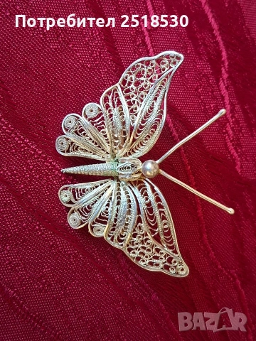 Сребърна пеперуда-филигран, снимка 2 - Колиета, медальони, синджири - 53494759
