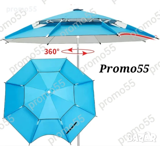 Плажен Чадър 220см. УВ, Чупещо Рамо, Двоен Покрив Стабилност при Вятър, снимка 5 - Екипировка - 51383884