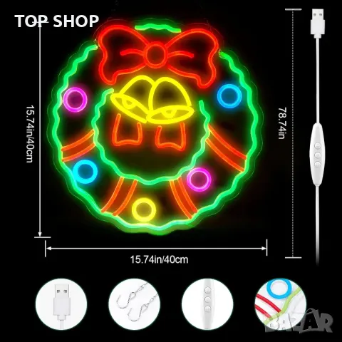Коледен венец FITNATE LED неонова табела—празнична украса, 5 нива на яркост, USB захранване, снимка 8 - Декорация за дома - 49500148