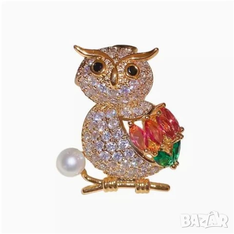 🦉 Бляскава брошка бухалче с кристали и перла – стил и символика в едно! 🦉, снимка 1