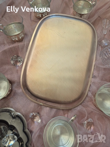 Посребрен поднос с шест стъклени чаши с посребрени подстакани, снимка 5 - Сервизи - 52888191