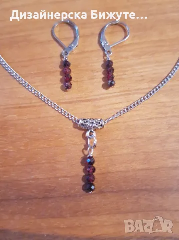 Красив и нежен комплект бижута обеци и колие с камъни Гранат и елементи в цвят сребро , снимка 4 - Бижутерийни комплекти - 49314686