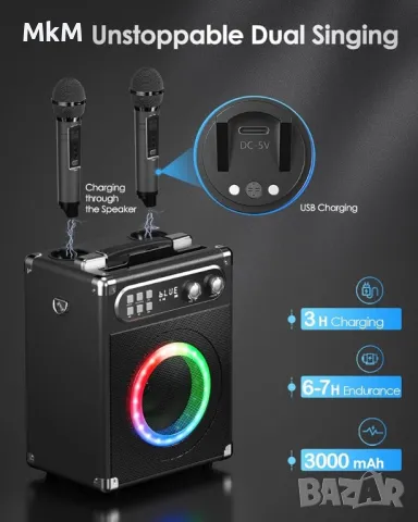 Озвучителна караоке система “NT-002” с два микрофона , снимка 10 - Аудиосистеми - 49588039