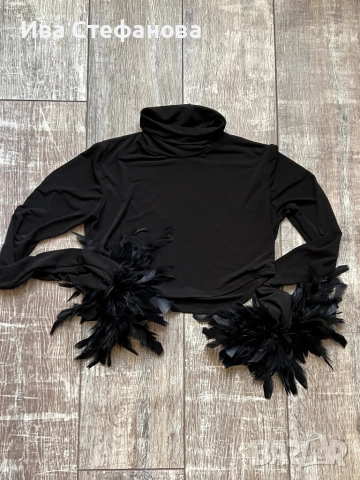 Черно еластично парти коктейлно официално поло топ естествени пера универсален размер 
