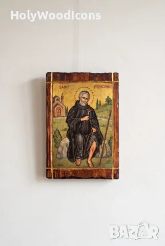 Дървена икона Свети Перегрин (Заккрилник и лечител) – Ръчна изработка, снимка 2 - Икони - 56112876