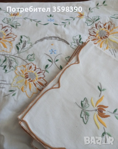 Памучна покривка с бродерия елипса ф170×180 см. , 8 салфетки 