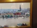 Hamburger Michel Landingsbrucken Binnenalsyer акварел подписан 90г панорама 132х58см Злат. рамка ст., снимка 9