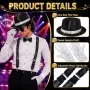 Нови Диско аксесоари 70s 80s шапка Fedora тиранти очила ръкавици пайети комплект 8 части за мъже, снимка 3