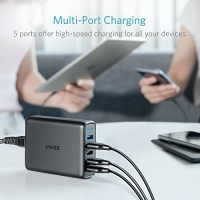 Зарядно устройство Anker PowerPort Speed 5, 63W, 5 Порта Q.C. 3.0 USB, черен, снимка 4 - Резервни части за телефони - 36102494